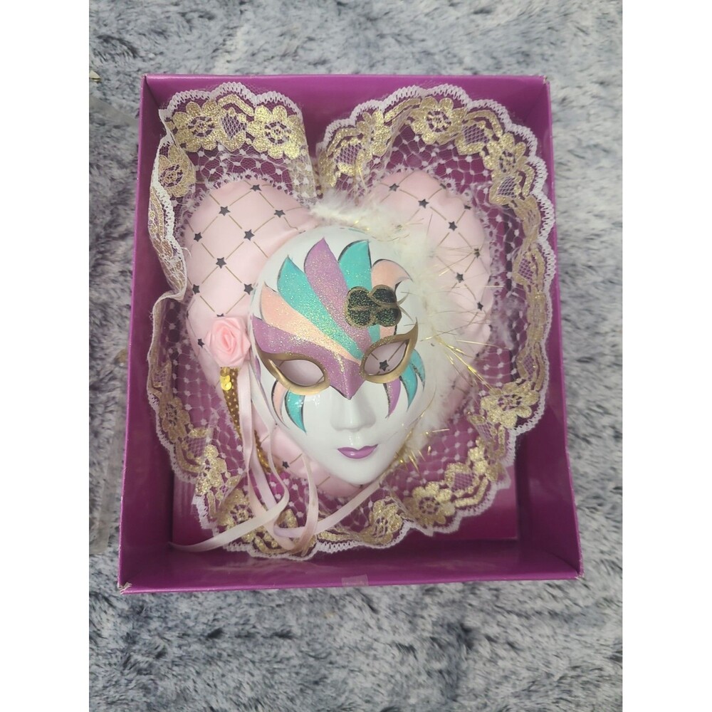 Vintage Porcelain Wall Mask 13" x 12" Gold Purple Pink Aqua Lace Floral Decor